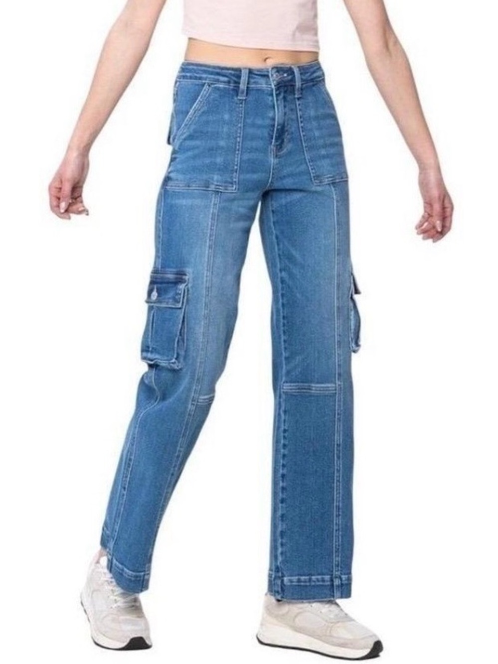 Judy Blue Size 3/26 High Waist Wide Leg Denim Cargo Jeans Medium Wash Blue